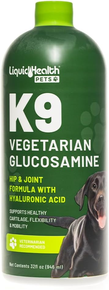 LIQUIDHEALTH 32 Oz K9 Vegetarian Liquid Glucosamine for All Dogs Canines - Chondroitin, MSM, Omega 3, Anti Oxidants Hyaluronic Acid – Joint Health, Dog Vitamins Hip Joint Juice, Joint Oil
