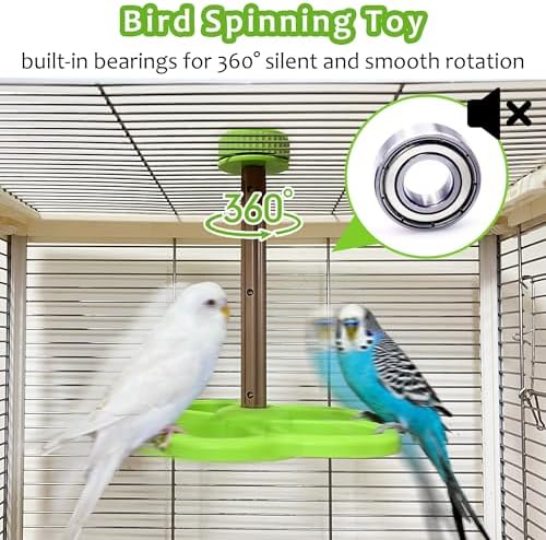 2pcs Bird Spinner Toys with Bells & Washable Spinning Perch, Natural Wood Chewing Hanging with 360° Rotation for Cockatiel Conure Lovebird Budgie Quaker