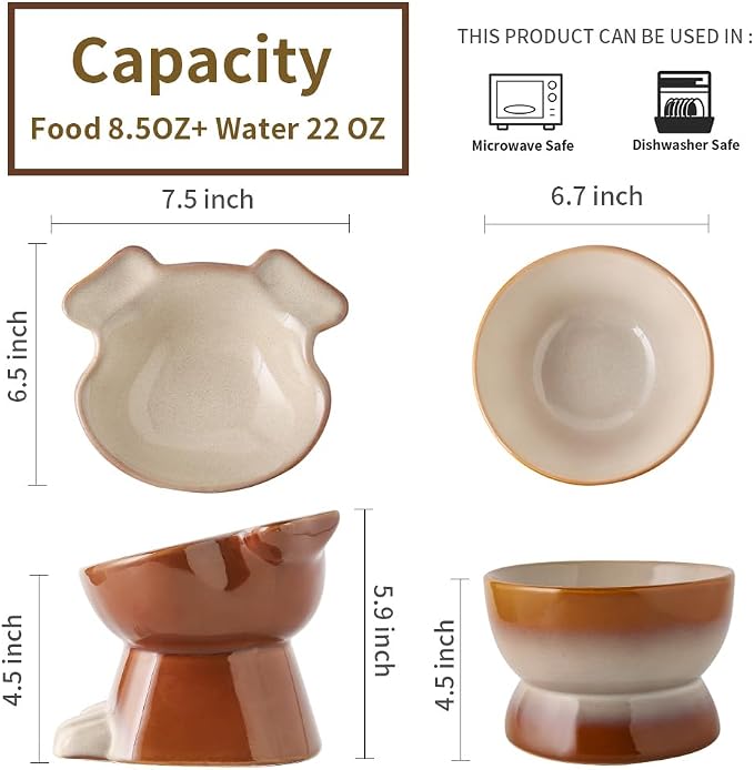Nihow Dog Food & Water Bowl Set: Elevated Ceramic Dog Bowls for Medium/Small Size Dog - Food Safe Raised Puppy Bowls - Brown Pet Bowl for Protecting Pet's Spine (Set of 2)