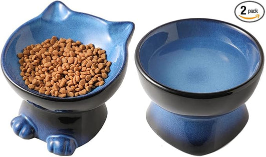 Nihow Elevated Cat/Dog Bowls Set : 6.2 Inch Ceramic Raised Cat Food & Water Bowl Set for Protecting Pet's Spine - Feeding & Watering Supplies for Cat/Small Size Dog - Elegant Blue & Black (2 PC)