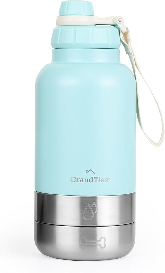 GrandTies Insulated Portable Dog Water Bottle with 2 Detachable Water Bowl Dispenser | Leak-Proof Dog Food Travel Container | Accessories for Dogs Walking, Hiking, Camping (32oz, Powder Green)