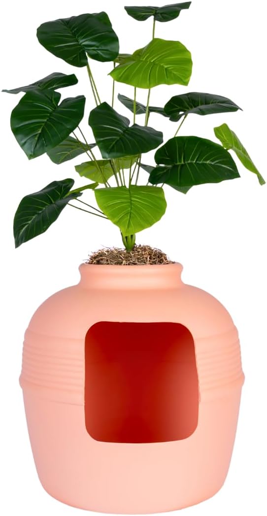 Good Pet Stuff Original Hidden Litter Box Planter, Decorative Cat Litter Enclosure, Carbon Filter, Faux Plant, Round Design, Easy to Clean, Base Kit, Broad Leaf Philodendron, Blush Coral