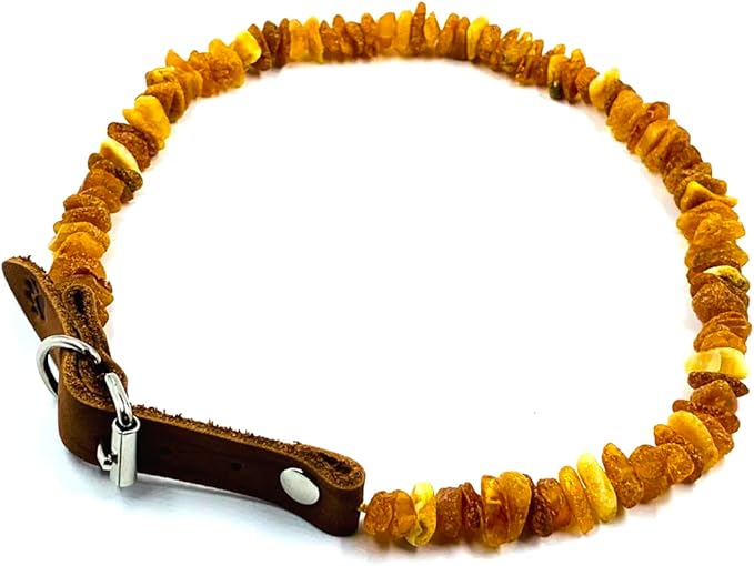 Baltic Amber Dog & Cat Collar - Adjustable Leather Strap with Raw Knotted Amber Beads (45-50cm)