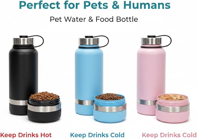 Stainless Steel Dog Water Bottle 32oz with Built-in Bowl, Leak-Proof Travel Pet Water Dispenser, Carry Loop for Walking, Hiking, Outdoor Use (Black)