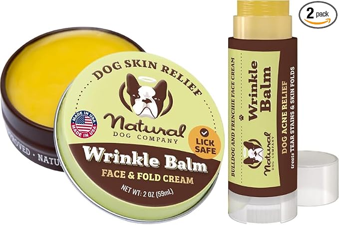 Natural Dog Company Wrinkle Balm Bundle, (1) 2 oz. Tin & (1) Travel Stick, Dog Dry Itchy Cream and Lotion, Moisturizes & Soothes Irritated Skin, Yeast Infection, Protects from Cracks & Wounds