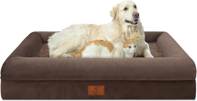 Yiruk XL Orthopedic Dog Bed for Large Dogs, Extra Large Waterproof Dog Bed with Removable Washable Cover, 4-Sides Bolster Support Pet Couch Sofa with Non-Slip Bottom, Brown