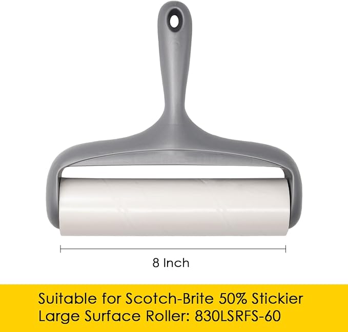 8 inch Large Surface Roller Refill for Scotch-Brite 50% Stickier Lint Roller, Works Great On Pet Hair (60 Sheets per Roll, 3 Pack Refills)