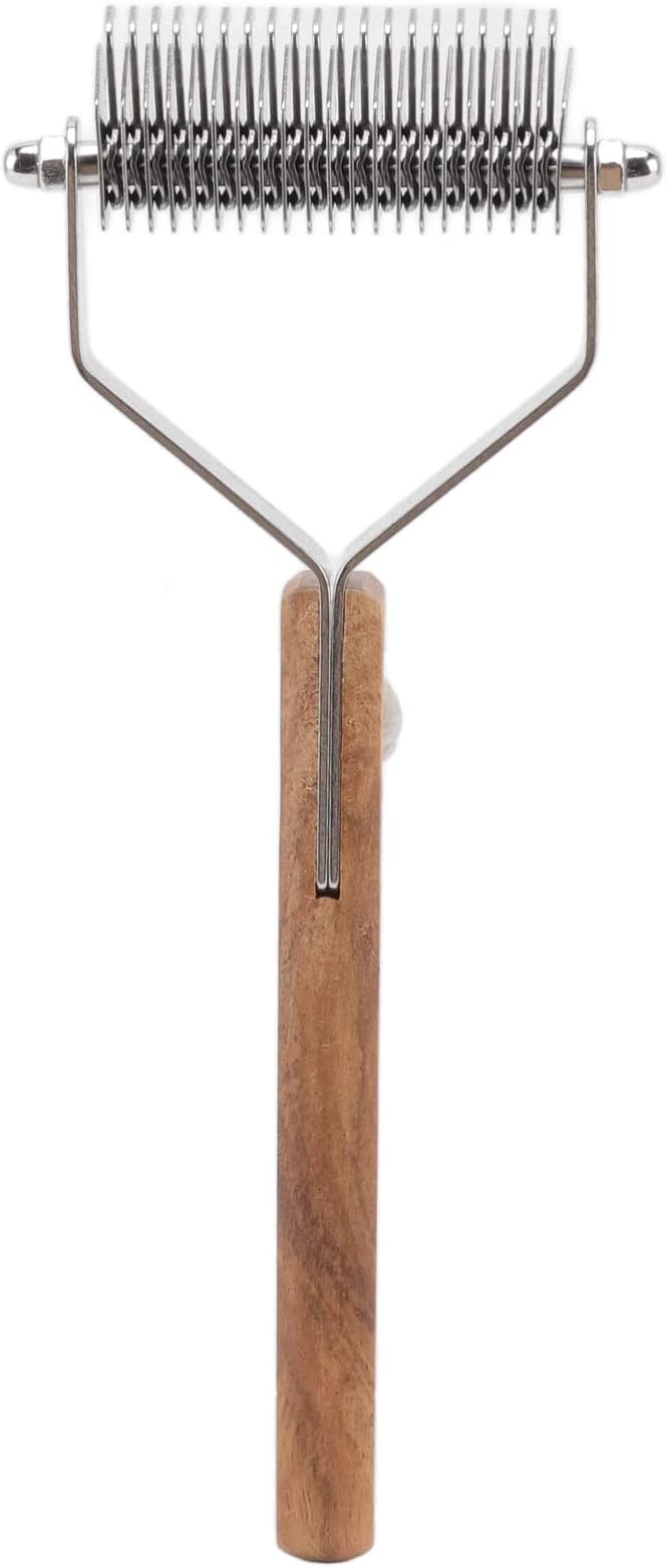 Pet Undercoat Rake for Dogs and Cats, Double Row Wood Handle Brush, Removes Loose Hair and Knots, Safe and Gentle Grooming Tool, Promotes Skin and Shiny Coat