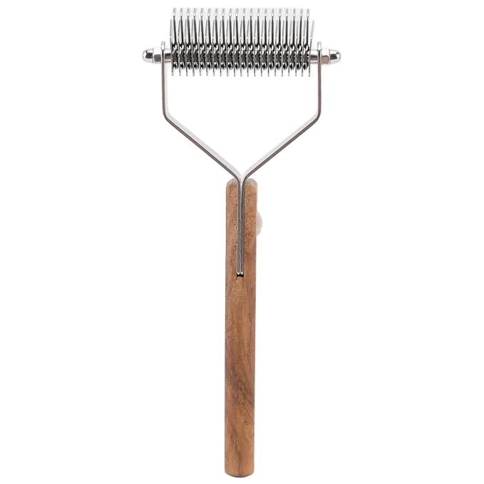 Pet Undercoat Rake, Dog Hair Shedding Brush, Double Row Stainless Steel Deshedding Tool with Wood Handle for Cat Puppy Grooming, Knots Removal and Massage
