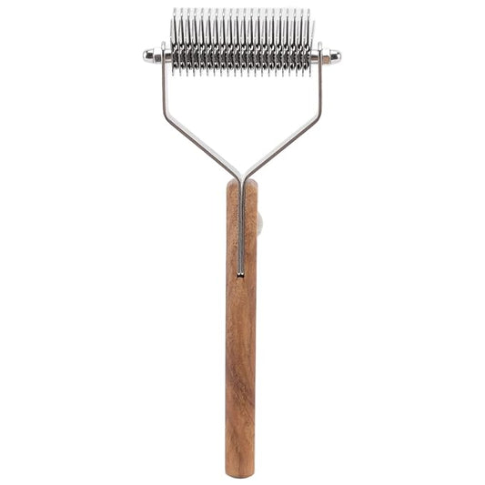 Pet Undercoat Rake, Dog Hair Shedding Brush, Double Row Stainless Steel Deshedding Tool with Wood Handle for Cat Puppy Grooming, Knots Removal and Massage