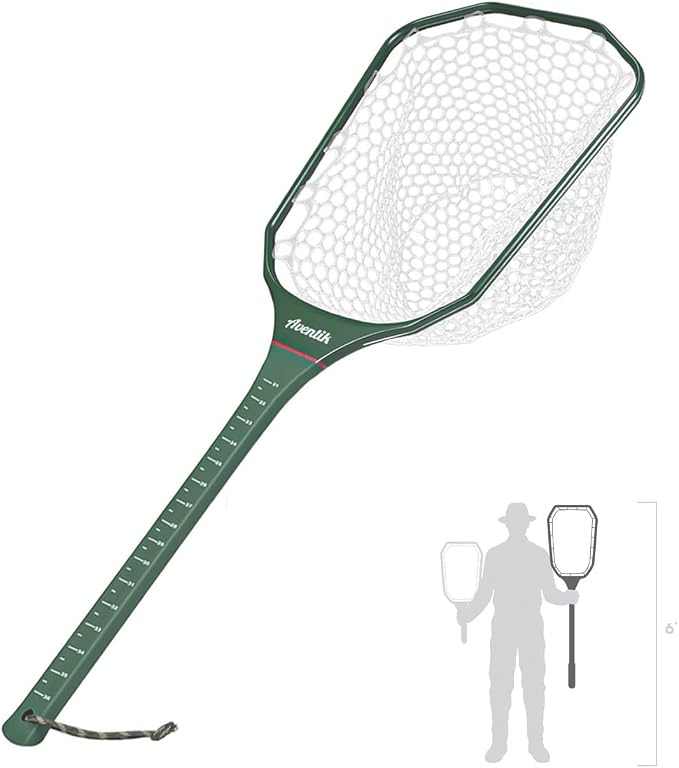 Riverruns Fly Fishing Landing Net Carbon Fiber Trout Net with Measurement Handle, Soft Rubber Mesh - 26" Standard (Wading) / 37" Long (Kayak)