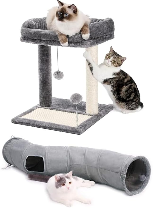 PAWZ Road Cat Scratching Post Bed Bundle with PAWZ Road Cat Tunnel Collapsible S Shape 10.5 Inches in Diameter
