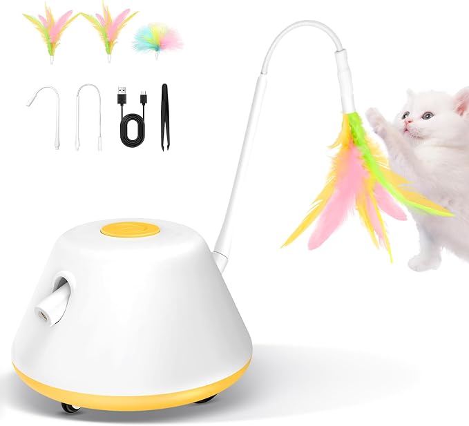 3 in 1 Interactive Cat Toys for Indoor Automatic Cat Laser Toy with Removable Feather Toy,3 Self Moving Modes, Smart Standby, USB Powered,Rubber Wheels Automatic Kitten