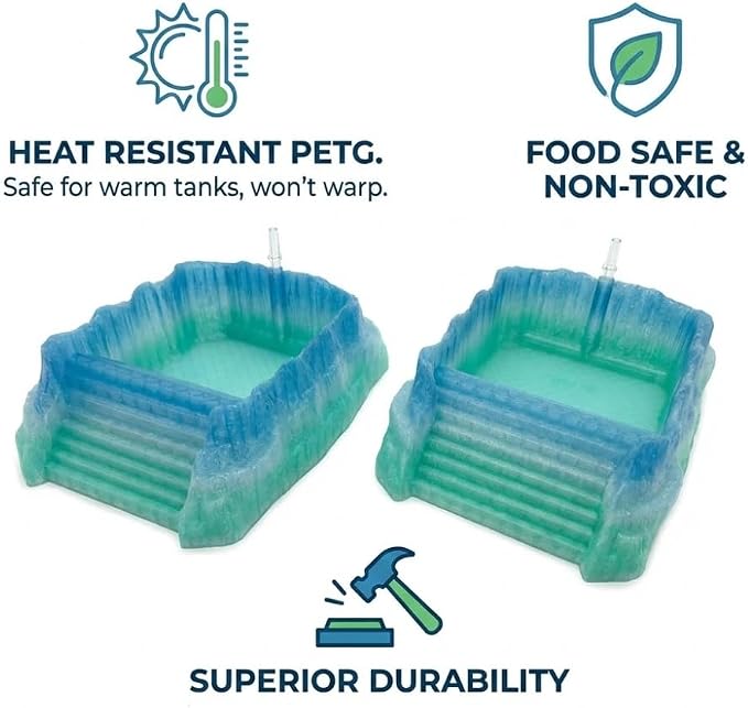 Hermit Crab Pools with Built-in Bubblers – Set of 2 (Fresh & Salt Water) – Upgraded Heat-Resistant PETG 3D Printed Water Bowls with Safe Exit Ramps (Glazed Blue/Green)