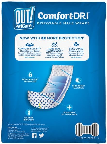 Out! PetCare Disposable Male Dog Wraps, Puppy Pee Wraps, Belly Bands for Dogs, Leak Proof, Wetness Indicator, Puppy and Doggie Diaper for Peeing, Medium/Large, 32 Count