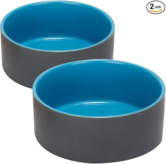 SPUNKYJUNKY 28.7OZ Ceramic Dog and Cat Bowl, Modern Cute Weighted Food Water Bowl for Replacement Blue-Grey (2 Pack)