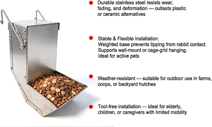 Small Animal Gravity Feeder 4 Pcs - Stainless Steel Pet Feeding Rabbits Feeder, Anti-Corrosion Durable with Sliding Lid for Indoor Outdoor Cage Use