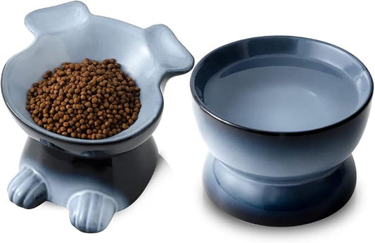Nihow Dog Food & Water Bowl Set: Elevated Ceramic Bowls for Medium/Small Size Dogs - Food Safe Raised Puppy Bowls - Gray Pet Bowl for Protecting Pet's Spine (Set of 2)