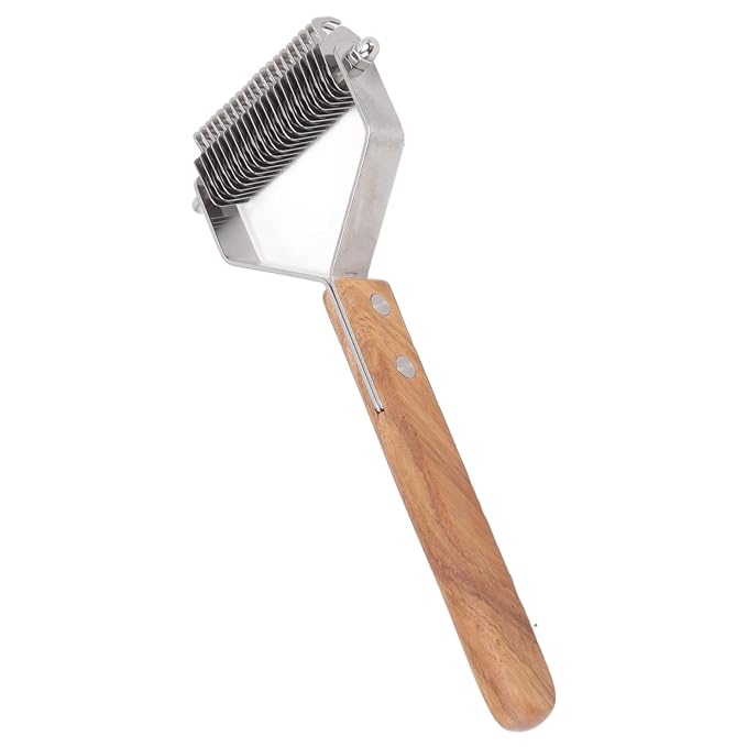 Pet Undercoat Rake, Dog Hair Shedding Brush, Double Row Stainless Steel Deshedding Tool with Wood Handle for Cat Puppy Grooming, Knots Removal and Massage