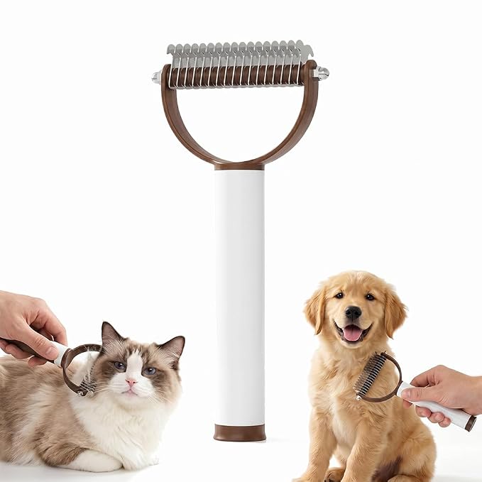 Double Sided Dematting Comb for Dogs Cats, 2026 New 2-in-1 Professional Pet Dematting, Deshedding Brush with Metal Comb for Detangling and Dematting Long (Brown)