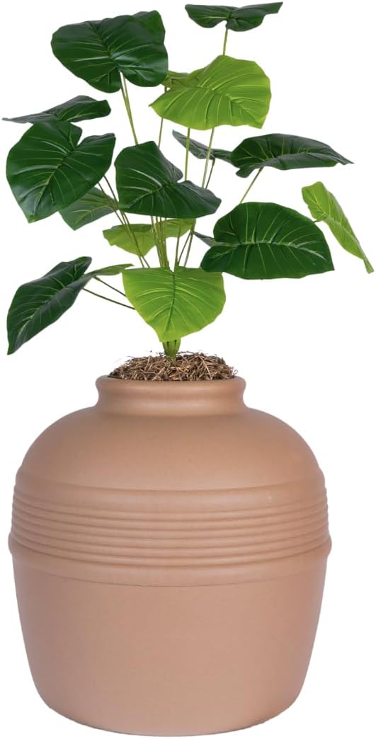 Good Pet Stuff Original Hidden Litter Box Planter, Decorative Cat Litter Enclosure, Carbon Filter, Faux Plant, Round Design, Easy Clean Litter Tray, Essentials Kit, Broad Leaf Plant, Terracotta Brown