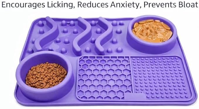 Silicone Dog Feeding Mat with Slow Feeder & Lick Pad for Dogs & Cats – Non-Slip Spill Proof Pet Feeding Mat with Bowl Holder – Dishwasher Safe BPA-Free Silicone – 12 x 8 Inch Purple
