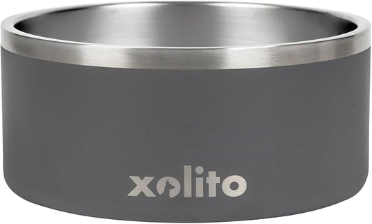 Xolito Pets Stainless Steel Dog Bowl 64 oz - Non-Slip Insulated Water Bowl for Large Dogs - Heavy Duty Double Wall Metal Feeder for Food & Water, Dishwasher Safe (Grey)