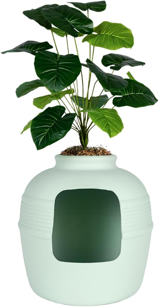 Good Pet Stuff Original Hidden Litter Box Planter, Decorative Cat Litter Enclosure, Carbon Filter, Faux Plant, Round Design, Easy to Clean, Base Kit, Broad Leaf Philodendron, Mint Green
