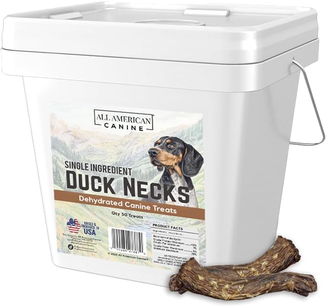 All American Canine 50 Natural Duck Neck Dog Treats – Single Ingredient, Dehydrated & Chewy – Low-Fat, High-Protein Training Reward – Made in USA