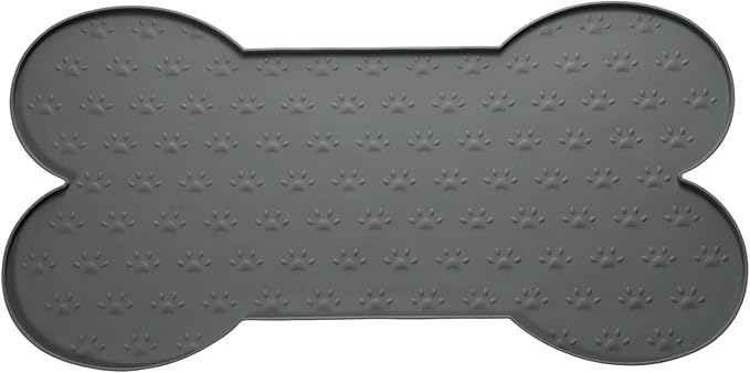 Dog Food Mat, 26x13 Inch Silicone Pet Feeding Mat Non-Slip Bone Shaped Waterproof Dog Water Bowl Tray Raised Edge Protects Floors (Gray), Intended for Pets Bowl/Fountain