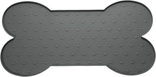 Dog Food Mat, 26x13 Inch Silicone Pet Feeding Mat Non-Slip Bone Shaped Waterproof Dog Water Bowl Tray Raised Edge Protects Floors (Gray), Intended for Pets Bowl/Fountain