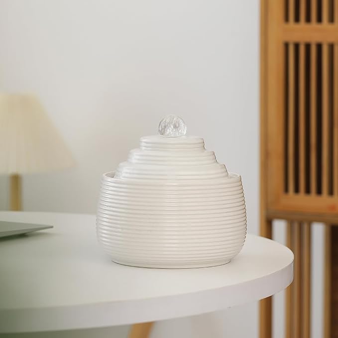 Indoor and Outdoor Fountain Water Feature Fall Ceramic Home Office Decoration mini Tabletop Desktop (White with Ball S090)