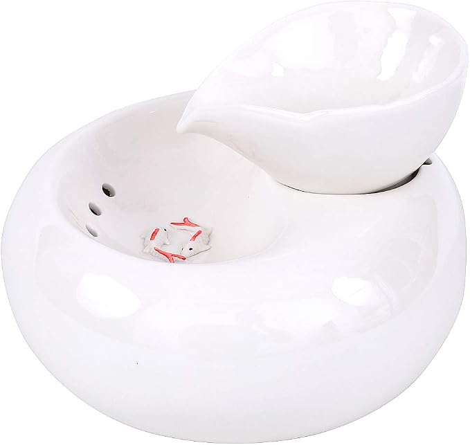 Ceramic Cat Drinking Water Fountain, 1.3 Liters Pet Water Fountains for Cats and Dogs, Electric Pet Water Dispenser with Quiet Pump and 5 Replacement Filters - White Leaf Style