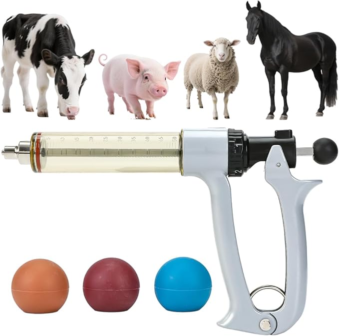 50ml Semi-Auto Repeating Livestock Syringe Gun, 5 Dose Settings | Ergonomic Grip, Clear Barrel & Luer Lock, Vet Injector for Cattle, Horses, Goats, Sheep & Pigs