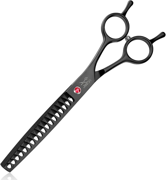 JASON 7" Dog Grooming Scissor - Professional Thinning Chunker Shear with 18 Teeth Japanese Stainless Steel Hair Scissors for Dogs, Cats and Other Pets (Chunker, Black) Christmas Gift
