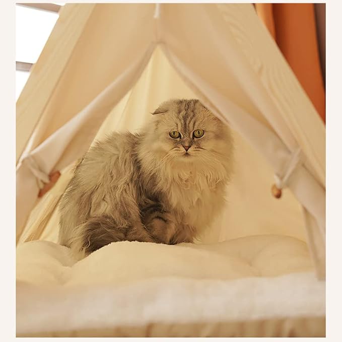 Solid Wood Indoor Pet Tent With Thick Mat - Portable Cat and Dog House Teepee, Cute Cave Bed (Off White)