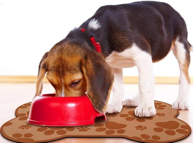 Dog Food Mats for Floors Waterproof, Pet Feeding Absorbent Water Bowl Mat Cat Placemats Brown Bone Shape 19 * 12 inch