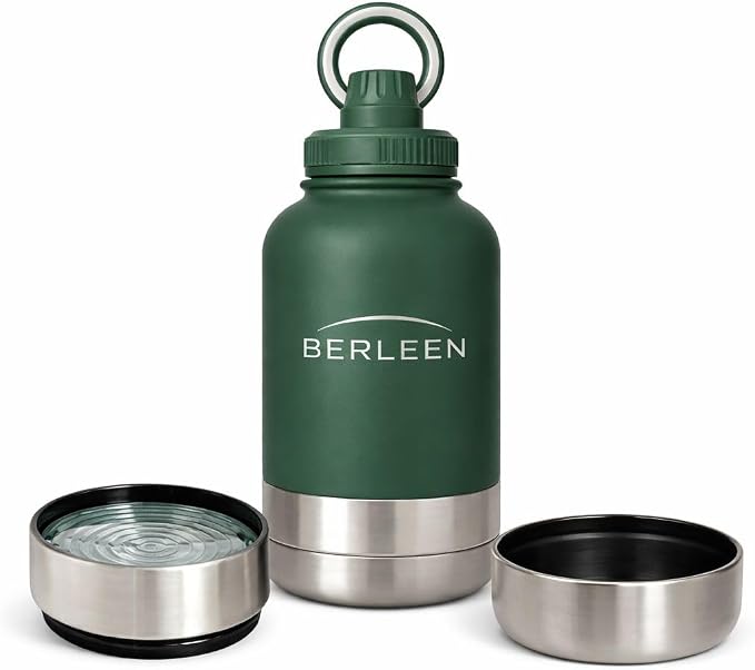 BERLEEN 3-in-1 32 oz Insulated Dog Water Bottle with Magnetic Lid, Bottle with Detachable Stainless Steel Bowls – Portable Travel Water & Food Container for Dogs, Leakproof, Ideal for Walking (Green)