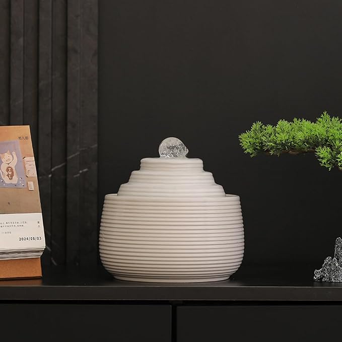 Indoor and Outdoor Fountain Water Feature Fall Ceramic Home Office Decoration mini Tabletop Desktop (White with Ball S090)