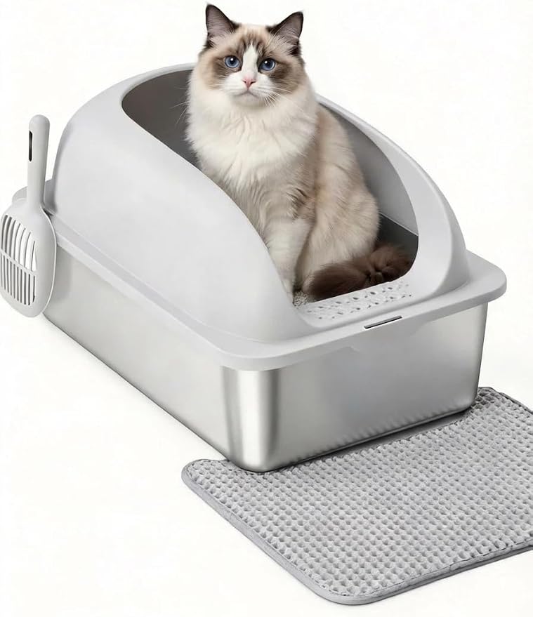 Simple Deluxe XL Stainless Steel Cat Litter Box with Lid, Extra Large Metal Litter Pan for Large Cats with High Sides, Urine-Proof Non-Stick Easy Clean, Light Gray