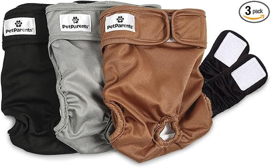 Pet Parents® Washable Dog Diapers (3pack) + Extendrs® of Durable Doggie Diapers, Premium Dog Diapers Female (Large, Natural)