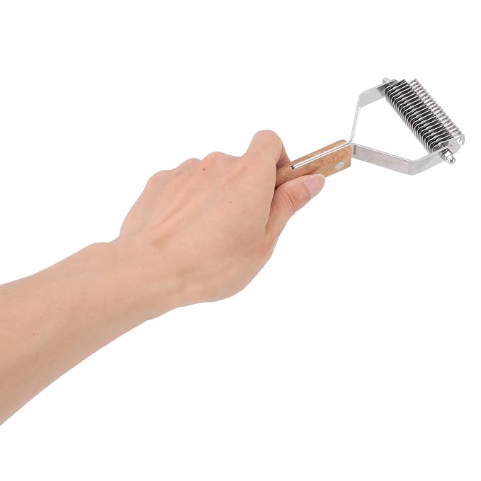 Pet Undercoat Rake, Dog Hair Shedding Brush, Double Row Stainless Steel Deshedding Tool with Wood Handle for Cat Puppy Grooming, Knots Removal and Massage