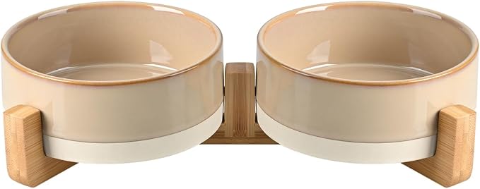 SPUNKYJUNKY Ceramic Dog and Cat Bowl Set with Wooden Stand, Modern Cute Weighted Food Water Bowl Set for Small Size Dogs (1.7 Cups, 2 × Pattern Brown)