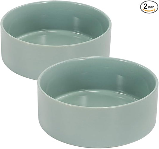 SPUNKYJUNKY 13.5OZ Ceramic Dog and Cat Bowl, Modern Cute Weighted Food Water Bowl for Replacement Morandi Green (2 Pack)