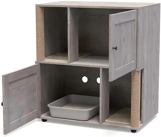 Dual Cat Litter Box Enclosure, Hidden Litter Furniture Cabinet with Two Scratch Mats and Scratching Post, Modern Farmhouse Wooden Covered Cat Washroom, End Table Design, Grey