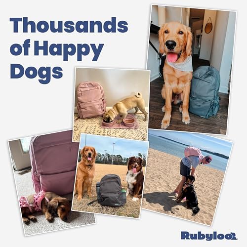 Rubyloo The Original Doggy Bag Backpack (Dusty Pink) & 32 oz Insulated Water Bottle with Attached 8 oz Bowl (Life is Better with Dogs) – Dog Travel Backpack & Hydration Set