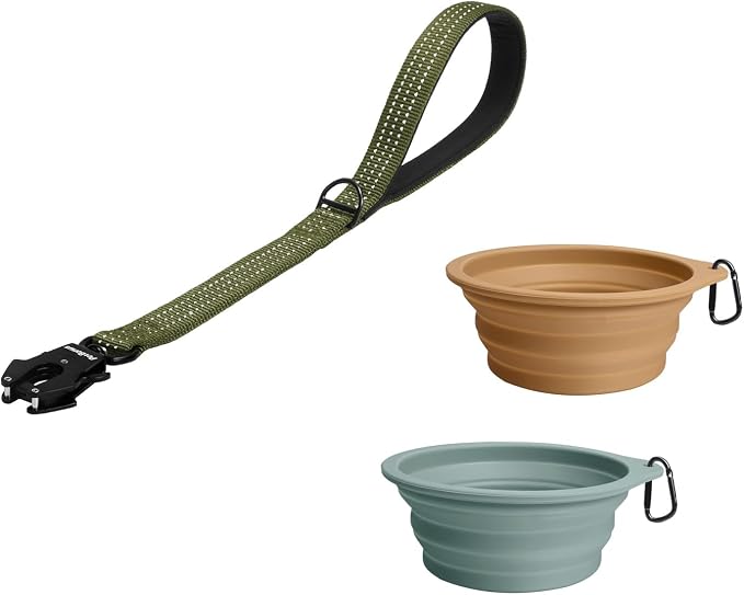 PetBonus Heavy Duty 18 Inch Short Dog Leash and 2-Pack Large Silicone Collapsible Dog Bowls