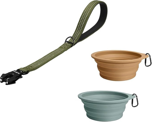 PetBonus Heavy Duty 18 Inch Short Dog Leash and 2-Pack Large Silicone Collapsible Dog Bowls