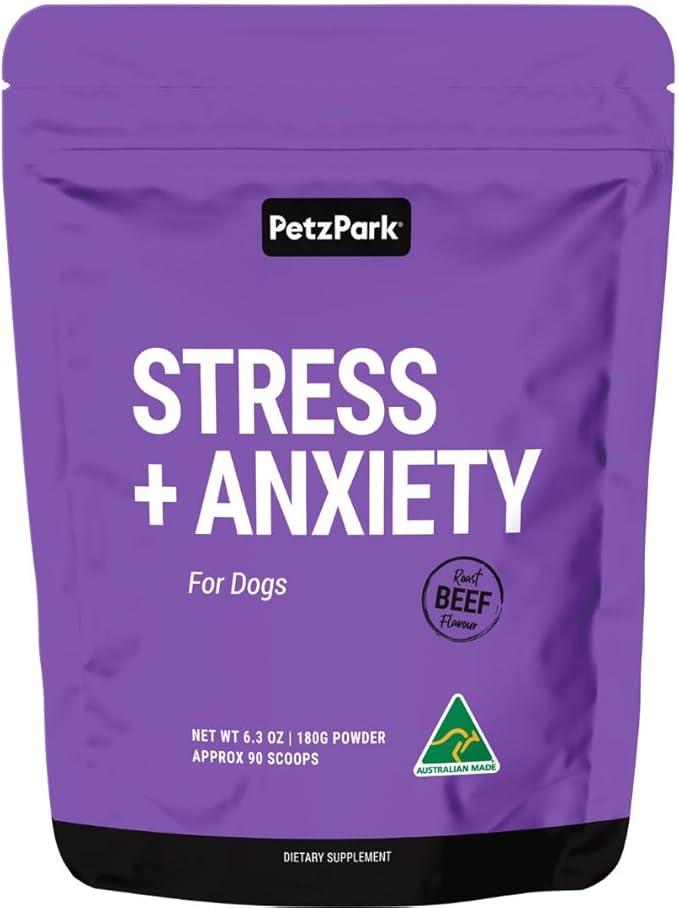 Petz Park Stress + Anxiety Dog Calming Supplement 90 Scoops, Anxiety Supplement, Dog Calming Supplement for Stress Support, Calming Food Topper for Dry or Wet Food, Made in Australia, 6.4oz Powder