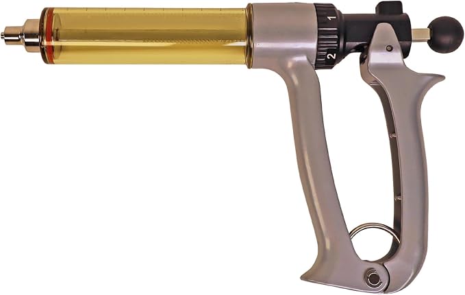 50ml semi-automatic livestock injector, 5-level adjustable continuous repeating Luer lock livestock injector, ergonomic design, suitable for cattle, horses, goats, sheep, and pigs on farms and ranches.